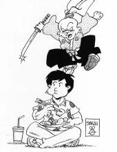 Black and white cartoon of Usagi Yojimbo pouncing on an unsuspecting man eating food by Stan Sakai